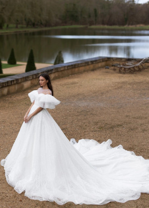 Elbow Sleeves White Glitter Lace Tulle Exclusive Wedding Dress